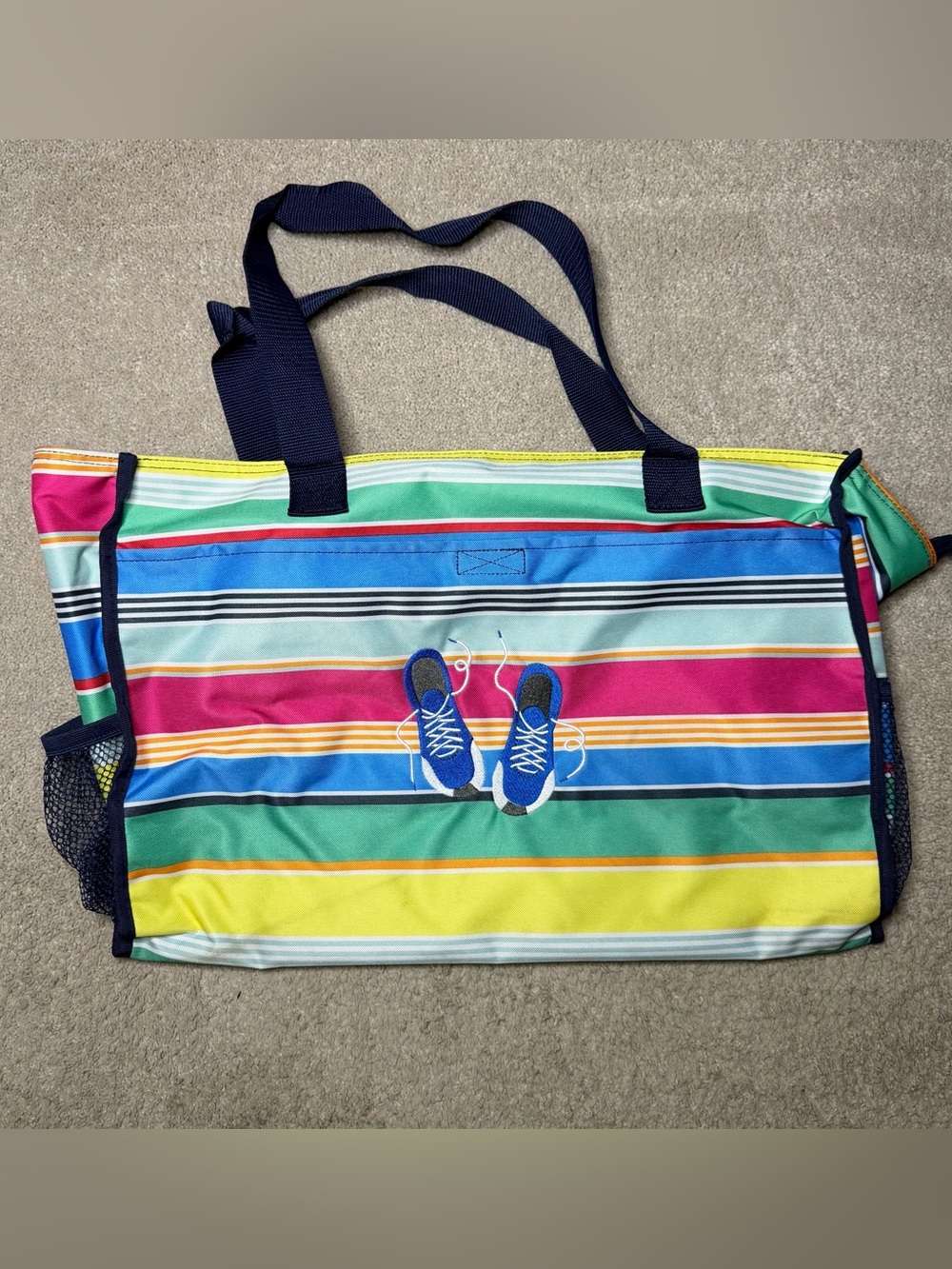 Thirty One Multicolor Striped Swim Tote Bag with Running Shoes Embroidered